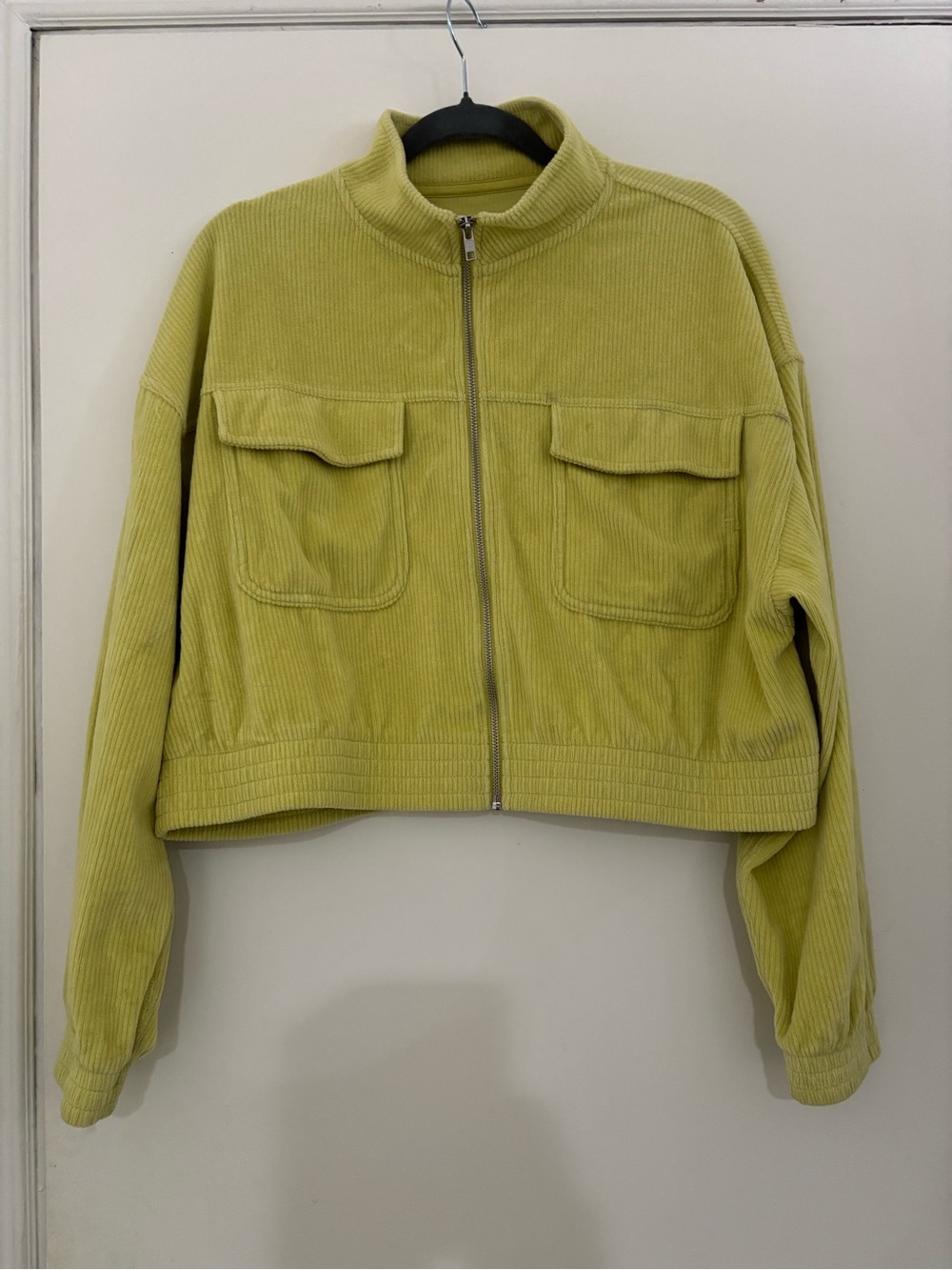 Aerie Sz XL Groove On Velour Jacket Lemon Lime Ribbed Corduroy Crop Soft Zip